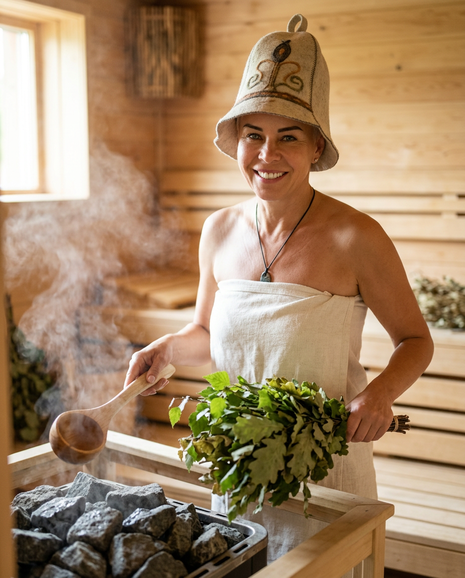 Pirtininkė ruošia garą medinėje pirtyje